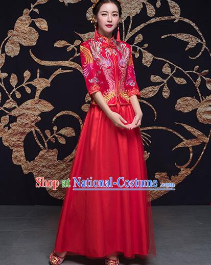 Traditional Ancient Chinese Wedding Costume Handmade Embroidery Satin Bottom Drawer Xiuhe Suits, Chinese Style Wedding Dress Red Dragon and Phoenix Flown Bride Toast Cheongsam for Women