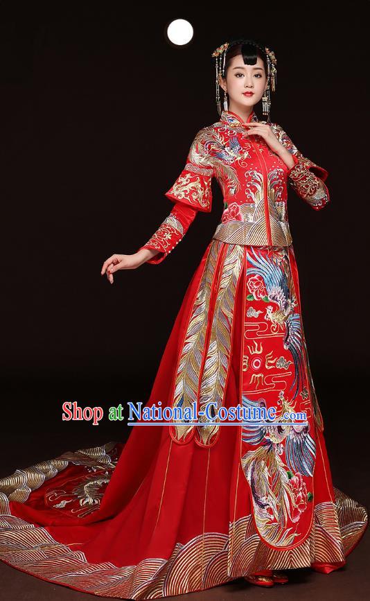 Traditional Ancient Chinese Wedding Costume Handmade Embroidery Trailing Dress Xiuhe Suits, Chinese Style Wedding Dress Red Flown Bride Toast Cheongsam for Women