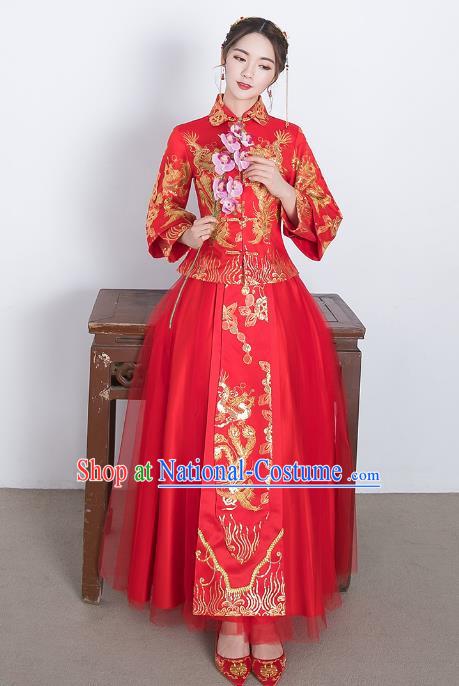 Traditional Ancient Chinese Wedding Costume Handmade Delicacy Embroidery Lace Dress Xiuhe Suits, Chinese Style Wedding Dress Red Flown Bride Toast Cheongsam for Women