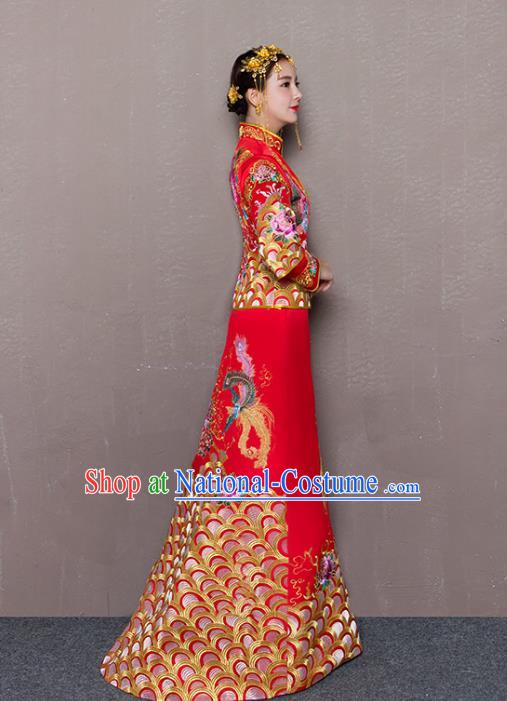 Traditional Ancient Chinese Wedding Costume Handmade Delicacy Embroidery Phoenix Peony Trailing Dress Xiuhe Suits, Chinese Style Wedding Dress Red Flown Bride Toast Cheongsam for Women