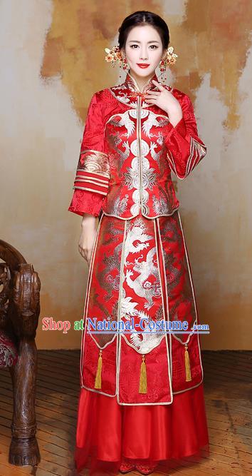 Traditional Ancient Chinese Wedding Costume Handmade Delicacy Embroidery Phoenix Dress Xiuhe Suits, Chinese Style Wedding Flown Bride Toast Cheongsam for Women