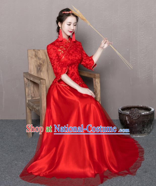 Traditional Ancient Chinese Wedding Costume Handmade Delicacy Embroidery Plated Buttons XiuHe Suits, Chinese Style Wedding Dress Flown Bride Toast Cheongsam for Women