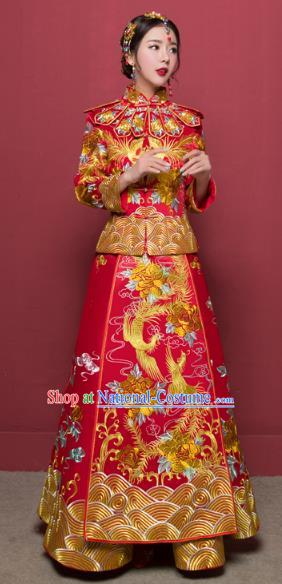 Traditional Ancient Chinese Wedding Costume Handmade Delicacy Full Embroidery Dragon and Phoenix XiuHe Suits, Chinese Style Wedding Dress Flown Bride Toast Cheongsam for Women