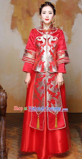 Traditional Ancient Chinese Wedding Costume Handmade Delicacy Embroidery Phoenix Dress Xiuhe Suits, Chinese Style Wedding Flown Bride Toast Cheongsam for Women