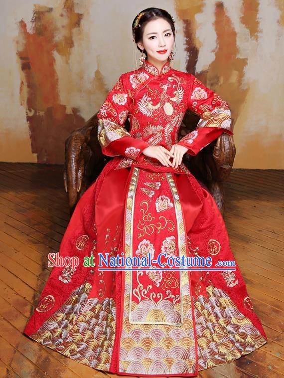 Traditional Ancient Chinese Wedding Costume Handmade Delicacy Full Embroidery Peony Phoenix XiuHe Suits, Chinese Style Wedding Dress Flown Bride Toast Cheongsam for Women