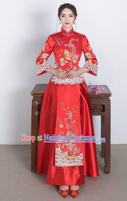 Traditional Ancient Chinese Wedding Costume Handmade Delicacy Embroidery Phoenix XiuHe Suits, Chinese Style Wedding Dress Flown Bride Toast Cheongsam for Women