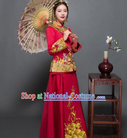 Traditional Ancient Chinese Wedding Costume Handmade Delicacy Embroidery XiuHe Suits, Chinese Style Wedding Dress Flown Bride Toast Cheongsam for Women