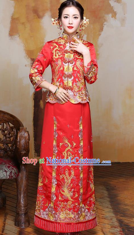 Traditional Ancient Chinese Wedding Costume Handmade Delicacy Embroidery Phoenix XiuHe Suits, Chinese Style Wedding Dress Flown Bride Toast Cheongsam for Women