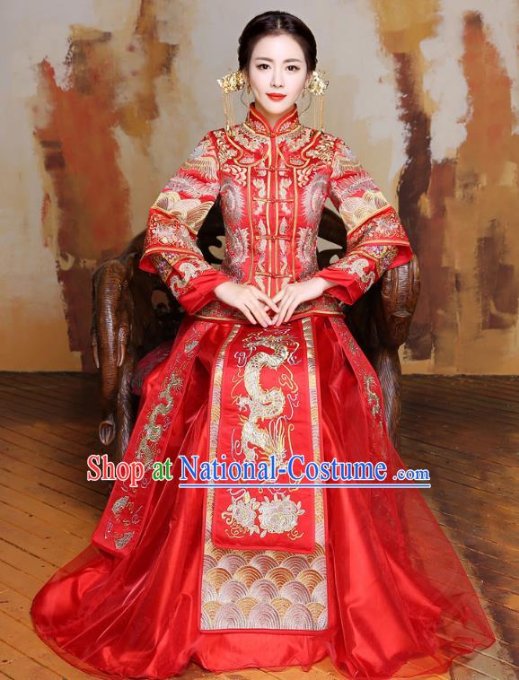 Traditional Ancient Chinese Wedding Costume Handmade Delicacy Embroidery Longfeng Flown XiuHe Suits, Chinese Style Hanfu Wedding Dress Bride Toast Cheongsam for Women