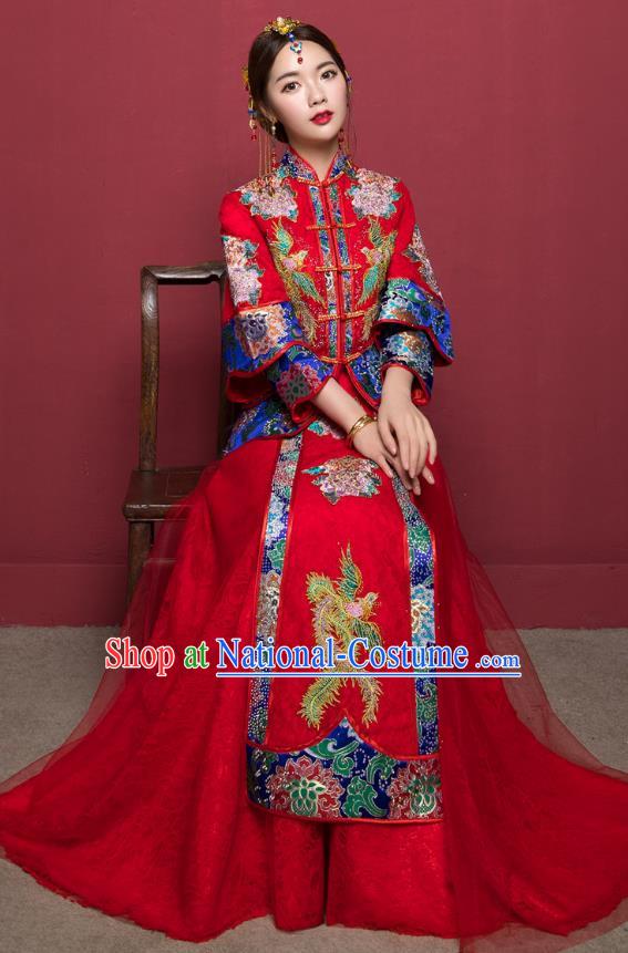 Traditional Ancient Chinese Wedding Costume Handmade Delicacy Embroidery Veil Longfeng Flown XiuHe Suits, Chinese Style Hanfu Wedding Dress Bride Toast Cheongsam for Women