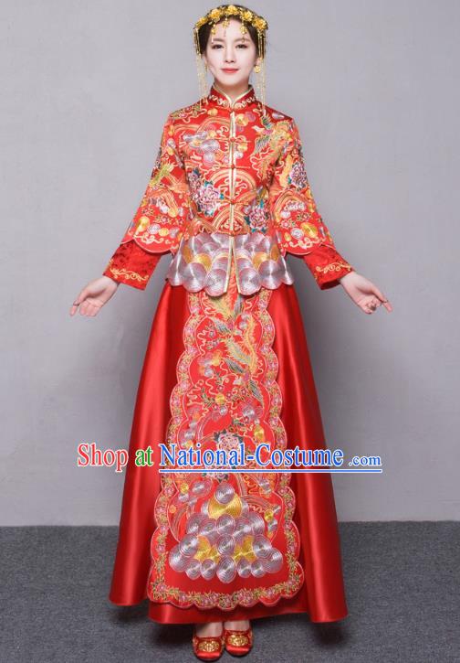 Traditional Ancient Chinese Wedding Costume Handmade Delicacy Embroidery Slim Longfeng Flown XiuHe Suits, Chinese Style Hanfu Wedding Dress Bride Toast Cheongsam for Women