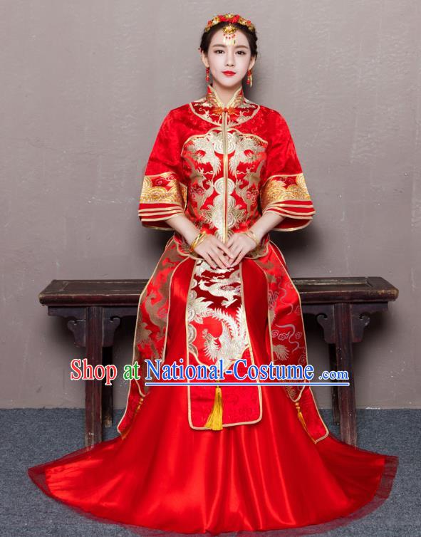 Traditional Ancient Chinese Wedding Costume Handmade Delicacy Embroidery Phoenix Dress Xiuhe Suits, Chinese Style Wedding Flown Bride Toast Cheongsam for Women