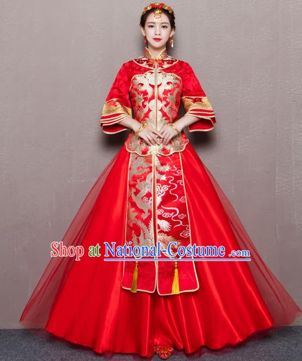 Traditional Ancient Chinese Wedding Costume Handmade Delicacy Embroidery Red Veil Dress Xiuhe Suits, Chinese Style Wedding Flown Bride Toast Cheongsam for Women