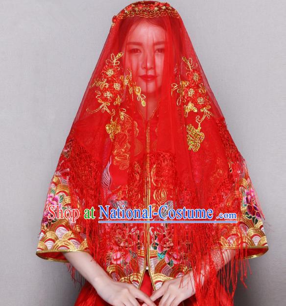 Traditional Ancient Chinese Wedding Embroidery Tassel Lace Red Veil, Chinese Style Wedding Red Bridal Veil for Women