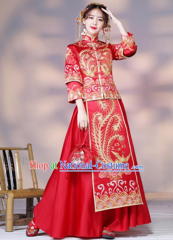 Traditional Ancient Chinese Wedding Costume Handmade Delicacy Embroidery Phoenix Slim Longfeng Flown XiuHe Suits, Chinese Style Hanfu Wedding Dress Bride Toast Cheongsam for Women