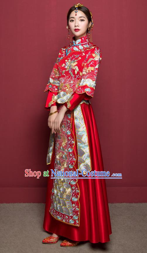 Traditional Ancient Chinese Wedding Costume Handmade Delicacy Embroidery Phoenix Slim Flown XiuHe Suits, Chinese Style Hanfu Wedding Dress Bride Toast Cheongsam for Women