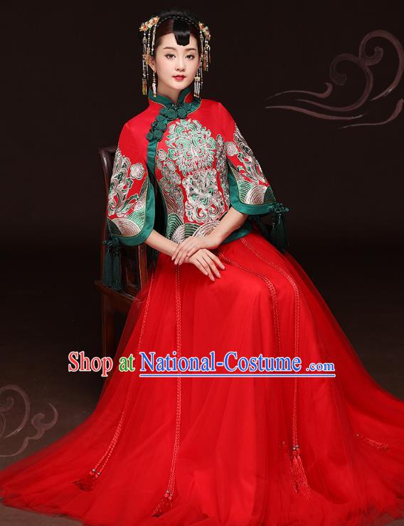 Traditional Ancient Chinese Wedding Costume Handmade Delicacy Embroidery Phoenix XiuHe Suits Red Veil Dress, Chinese Style Hanfu Wedding Bride Toast Cheongsam for Women