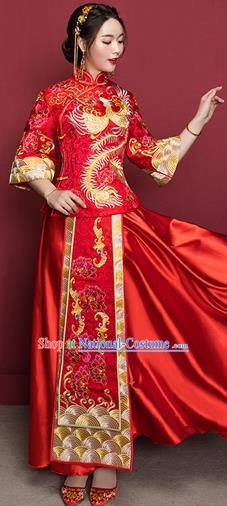 Traditional Ancient Chinese Wedding Costume Handmade Delicacy Embroidery Phoenix XiuHe Suits Middle Sleeve Plated Buttons Dress, Chinese Style Hanfu Wedding Bride Toast Cheongsam for Women