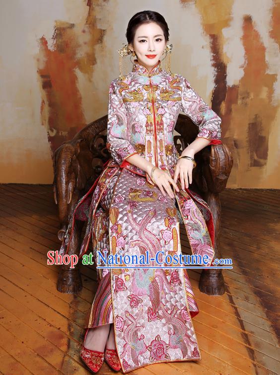 Traditional Ancient Chinese Wedding Costume Handmade Delicacy Embroidery Longfeng Flown Dress Xiuhe Suits, Chinese Style Wedding Flown Bride Toast Cheongsam for Women