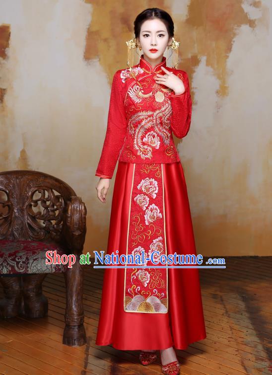 Traditional Ancient Chinese Wedding Costume Handmade Delicacy Embroidery Phoenix XiuHe Suits Slim Red Dress, Chinese Style Hanfu Wedding Bride Toast Cheongsam for Women