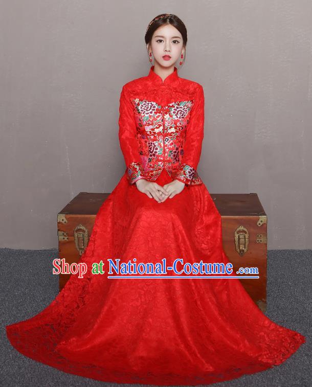 Traditional Ancient Chinese Wedding Costume Handmade Delicacy Embroidery Phoenix XiuHe Suits Slim Red Lace Dress, Chinese Style Hanfu Wedding Bride Toast Cheongsam for Women