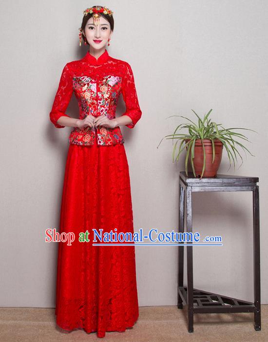 Traditional Ancient Chinese Wedding Costume Handmade Delicacy Embroidery Phoenix XiuHe Suits Slim Middle Sleeve Red Lace Dress, Chinese Style Hanfu Wedding Bride Toast Cheongsam for Women