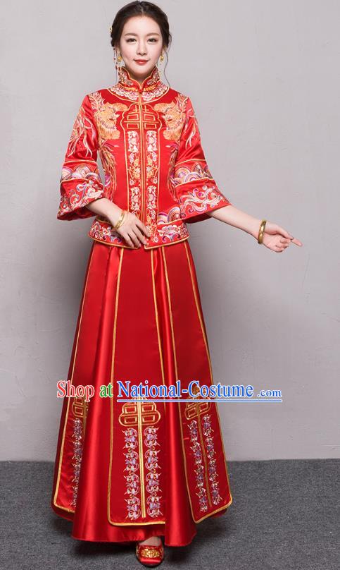 Traditional Ancient Chinese Wedding Costume Handmade Delicacy Embroidery Phoenix Peony Red XiuHe Suits, Chinese Style Hanfu Wedding Bride Toast Cheongsam for Women