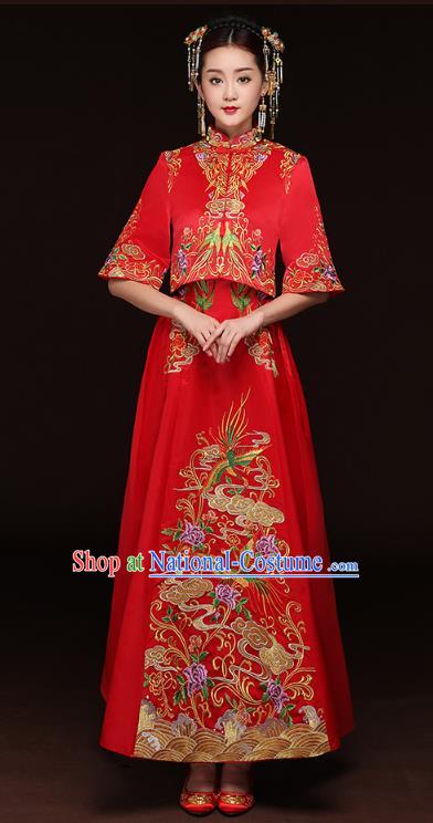 Traditional Ancient Chinese Wedding Costume Handmade Delicacy Embroidery Longfeng Xiuhe Suits, Chinese Style Wedding Dress Flown Bride Toast Cheongsam for Women