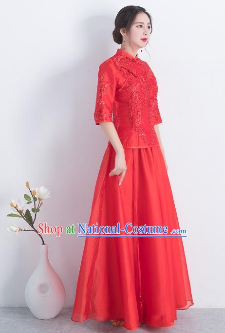 Traditional Ancient Chinese Wedding Costume Handmade Delicacy Embroidery Xiuhe Suits, Chinese Style Wedding Dress Flown Bride Toast Cheongsam for Women