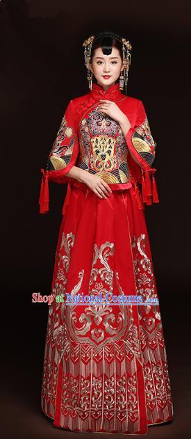 Traditional Ancient Chinese Wedding Costume Handmade Delicacy Full Embroidery Phoenix Peony Red XiuHe Suits, Chinese Style Hanfu Wedding Bride Toast Cheongsam for Women