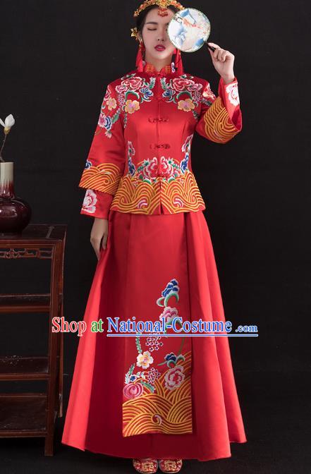 Traditional Ancient Chinese Wedding Costume Handmade Delicacy Full Embroidery Peony Red XiuHe Suits, Chinese Style Hanfu Wedding Bride Toast Cheongsam for Women