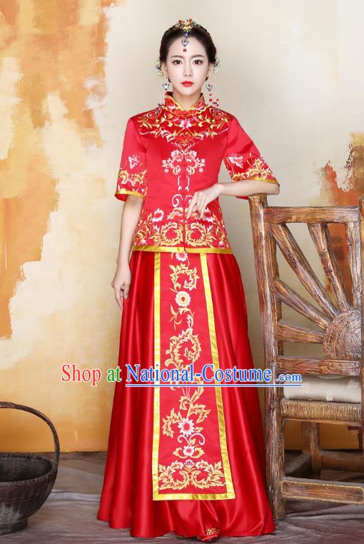 Traditional Ancient Chinese Wedding Costume Handmade Delicacy Embroidery Peony Bride XiuHe Suits, Chinese Style Hanfu Wedding Toast Cheongsam for Women