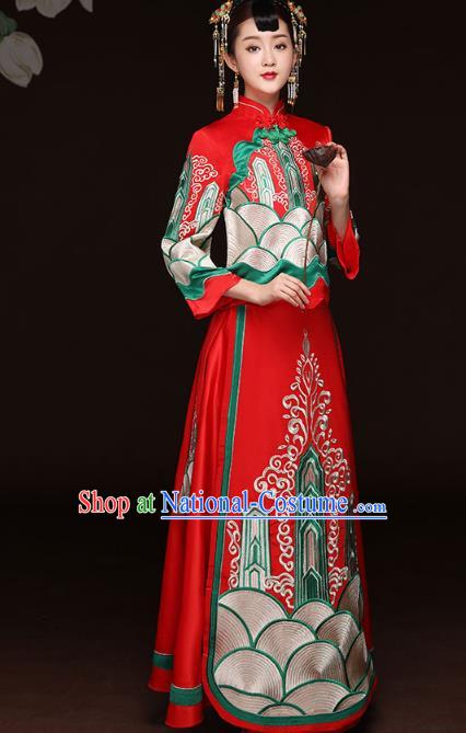 Traditional Ancient Chinese Wedding Costume Handmade Delicacy Embroidery Bride XiuHe Suits Red Full Dress, Chinese Style Hanfu Wedding Toast Cheongsam for Women