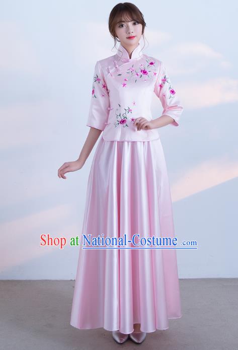 Traditional Ancient Chinese Wedding Costume Handmade Delicacy Embroidery Qipao Dress, Chinese Style Hanfu Wedding Toast Pink Cheongsam for Women