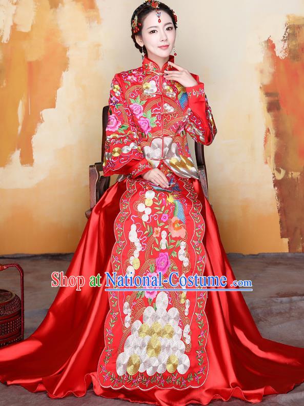 Traditional Ancient Chinese Wedding Costume Handmade Delicacy Embroidery Phoenix Peony Red Trailing XiuHe Suits, Chinese Style Hanfu Wedding Bride Toast Cheongsam for Women