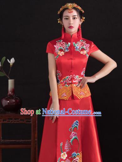 Traditional Ancient Chinese Wedding Costume Handmade Delicacy Full Embroidery Peony Short Sleeve XiuHe Suits, Chinese Style Hanfu Wedding Bride Toast Cheongsam for Women