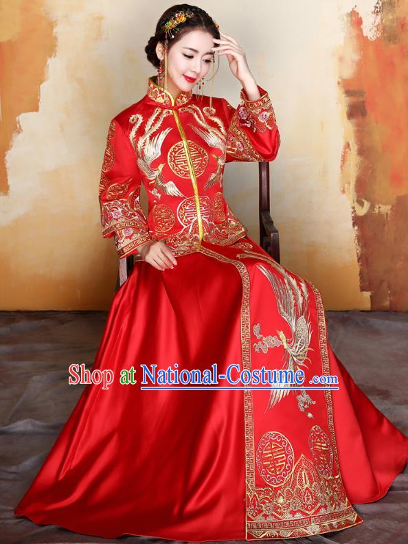 Traditional Ancient Chinese Wedding Costume Handmade Delicacy Embroidery Phoenix XiuHe Suits Longfeng Flown, Chinese Style Hanfu Wedding Toast Cheongsam for Women