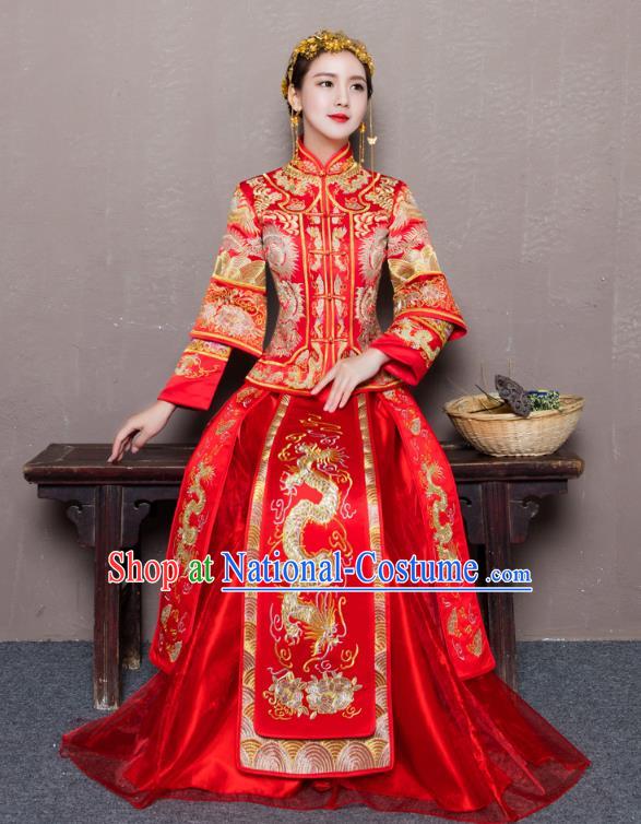 Traditional Ancient Chinese Wedding Costume Handmade Delicacy Embroidery Dragon and Phoenix XiuHe Suits Longfeng Flown, Chinese Style Hanfu Wedding Toast Cheongsam for Women