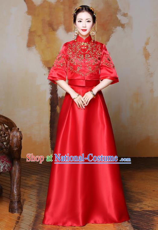 Traditional Ancient Chinese Wedding Costume Handmade Delicacy Embroidery XiuHe Suits Longfeng Flown, Chinese Style Hanfu Wedding Toast Cheongsam for Women