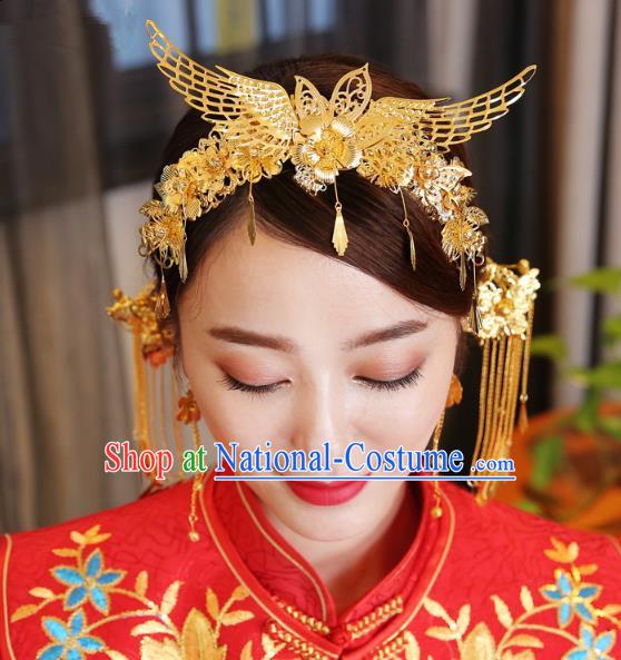 Traditional Handmade Chinese Ancient Classical Hair Accessories Bride Wedding Tassel Phoenix Coronet Hair Comb, Xiuhe Suit Hair Jewellery Hair Fascinators Hairpins for Women