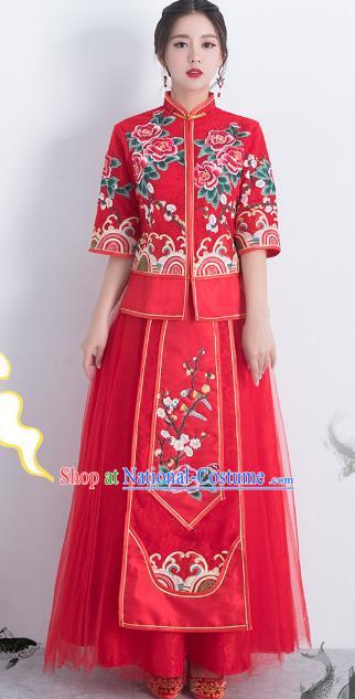 Traditional Ancient Chinese Wedding Costume Handmade Delicacy Embroidery Peony XiuHe Suits Longfeng Flown, Chinese Style Hanfu Wedding Toast Cheongsam for Women