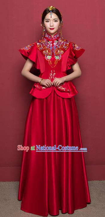 Traditional Ancient Chinese Wedding Costume Handmade Delicacy Embroidery Ruffle Sleeve XiuHe Suits, Chinese Style Hanfu Wedding Bride Toast Cheongsam for Women