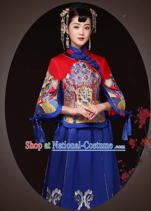 Traditional Ancient Chinese Wedding Costume Handmade Delicacy Embroidery XiuHe Suits Blue Bottom Drawer, Chinese Style Hanfu Wedding Bride Toast Cheongsam for Women