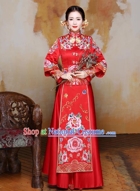 Traditional Ancient Chinese Wedding Costume Handmade Delicacy XiuHe Suits Embroidery Peony Bottom Drawer, Chinese Style Hanfu Wedding Bride Toast Cheongsam for Women