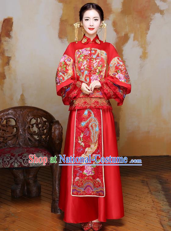 Traditional Ancient Chinese Wedding Costume Handmade Delicacy XiuHe Suits Embroidery Phoenix Bottom Drawer, Chinese Style Hanfu Wedding Bride Hanfu Clothing for Women