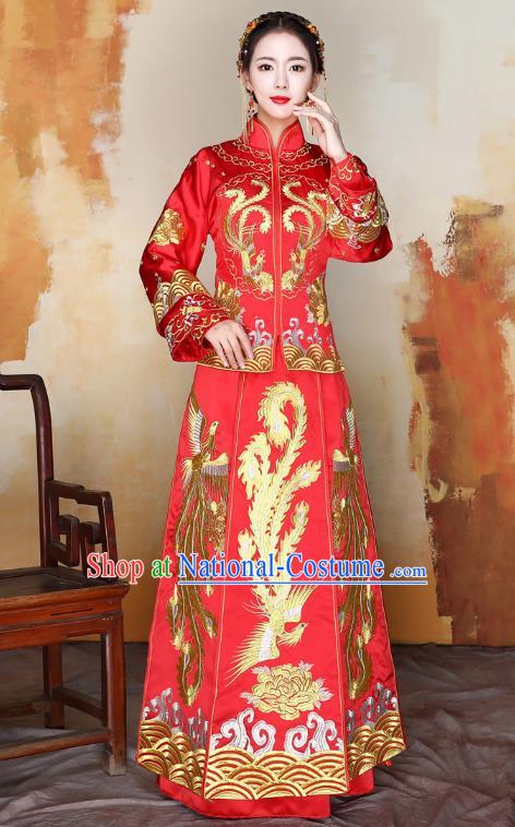 Traditional Ancient Chinese Wedding Costume Handmade Delicacy XiuHe Suits Embroidery Phoenix Cheongsam Palace Bottom Drawer, Chinese Style Hanfu Wedding Bride Hanfu Clothing for Women