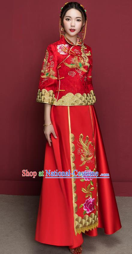 Traditional Ancient Chinese Wedding Costume Handmade Delicacy XiuHe Suits Embroidery Peony Seven Sleeve Cheongsam Palace Bottom Drawer, Chinese Style Hanfu Wedding Bride Hanfu Clothing for Women