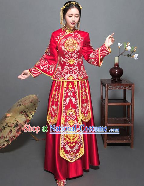 Traditional Ancient Chinese Wedding Costume Handmade Delicacy XiuHe Suits Embroidery Palace Bottom Drawer Cheongsam Dress, Chinese Style Hanfu Wedding Bride Hanfu Clothing for Women