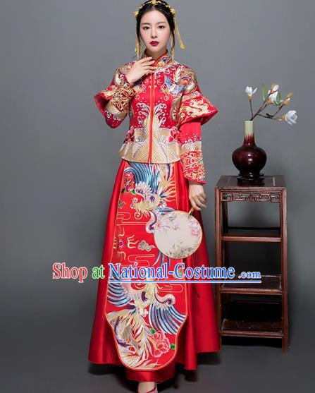 Traditional Ancient Chinese Wedding Costume Handmade Delicacy XiuHe Suits Embroidery Phoenix Palace Bottom Drawer Cheongsam Dress, Chinese Style Hanfu Wedding Bride Hanfu Clothing for Women