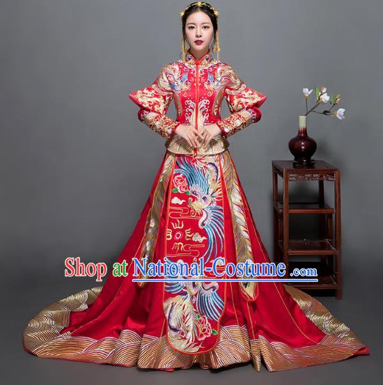 Traditional Ancient Chinese Wedding Costume Handmade Delicacy XiuHe Suits Embroidery Phoenix Palace Trailing Bottom Drawer Cheongsam Dress, Chinese Style Hanfu Wedding Bride Hanfu Clothing for Women